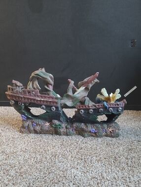 Decorative Sunken Ship Aquarium Ornament in Brown, Green and Purple